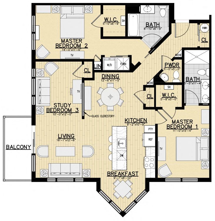 Floor plan for 2 beds, 2.5 baths, 1407 sqft
