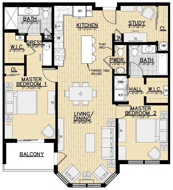 Floor plan for 2 beds, 2.5 baths, 1242 sqft