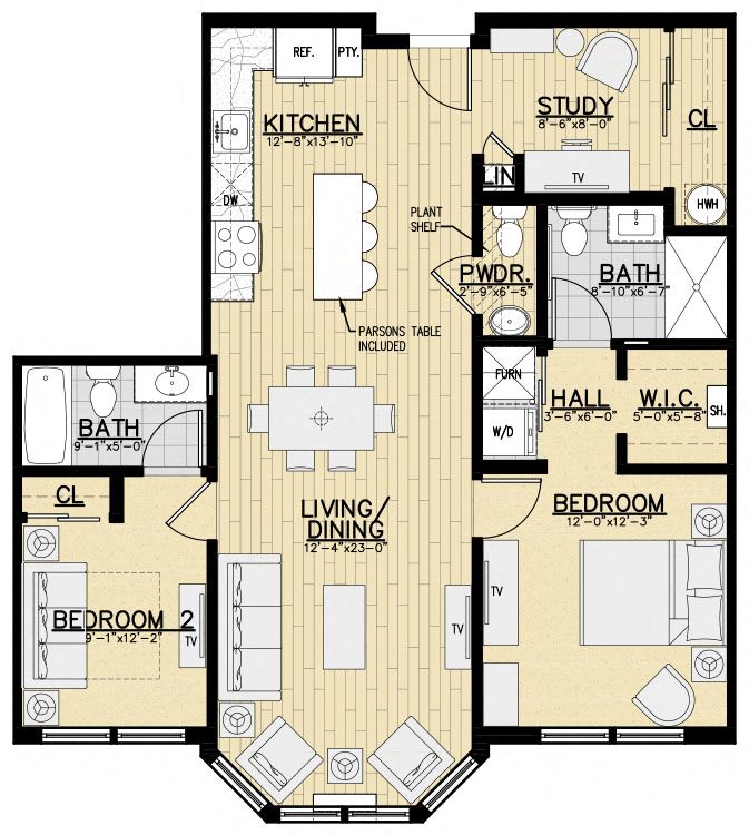 Floor plan for 2 beds, 2.5 baths, 1047 sqft
