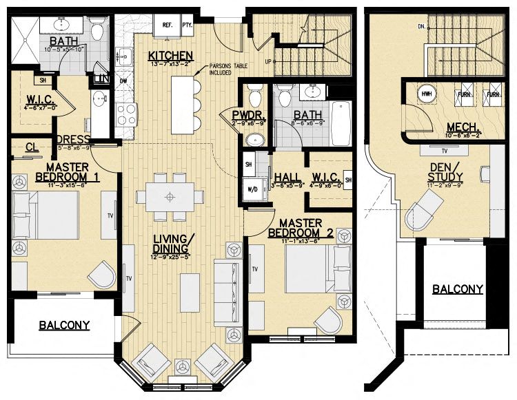 Floor plan for 2 beds, 2.5 baths, 1546 sqft