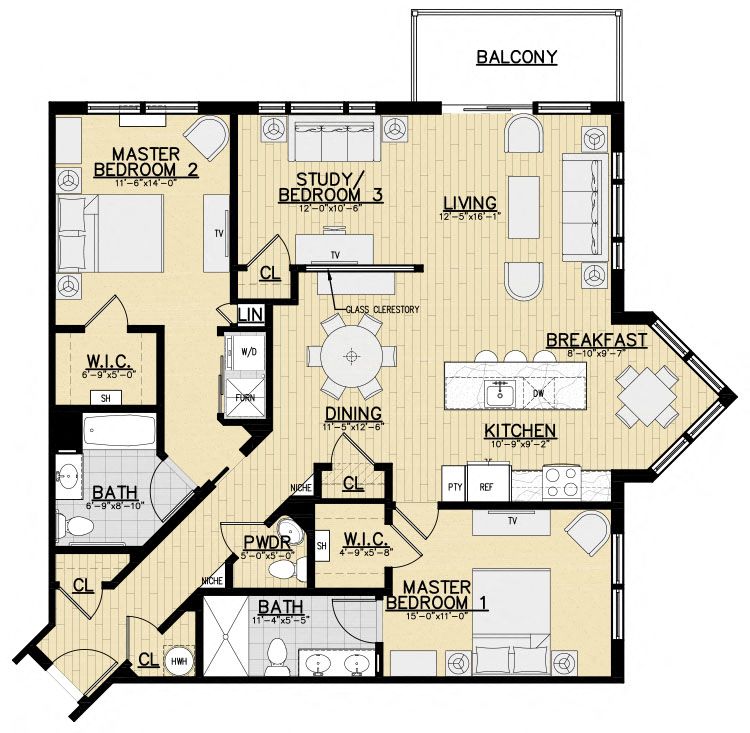 Floor plan for 2 beds, 2.5 baths, 1410 sqft