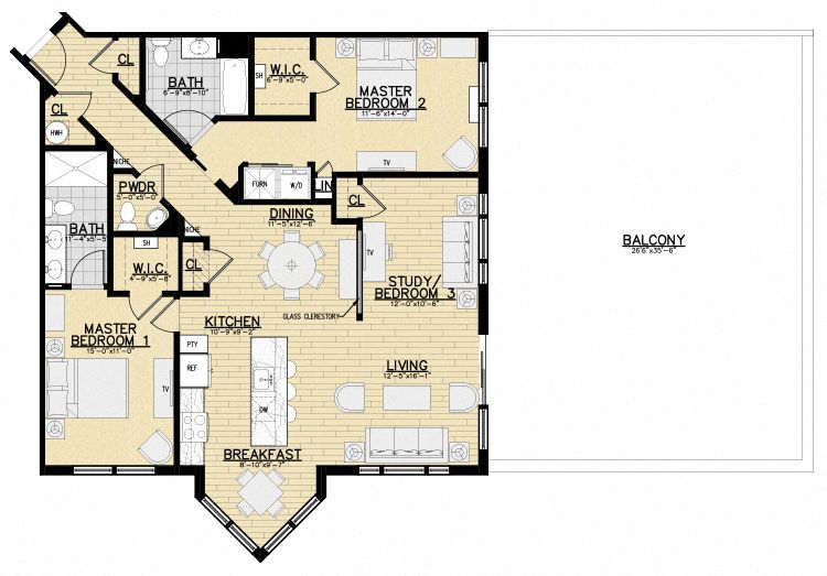 Floor plan for 2 beds, 2.5 baths, 1410 sqft