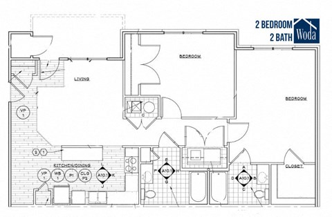 Floor plan for 2 beds, 2 baths, 1100 sqft