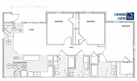 Floor plan for 3 beds, 2 baths, 1250 sqft