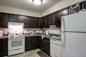 Elizabeth City apartment for rent - a kitchen with white appliances and dark cabinets