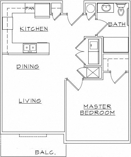 Floor plan for 1 bed, 1 bath, 669 sqft
