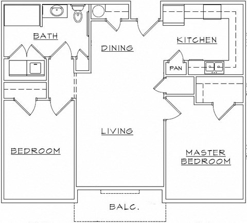 Floor plan for 2 beds, 1 bath, 924 sqft