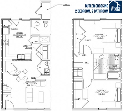 Floor plan for 2 beds, 2 baths, 1189 sqft