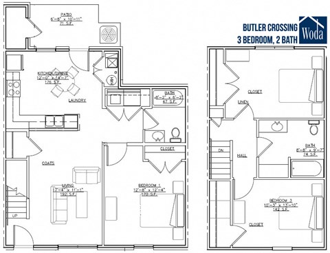 Floor plan for 3 beds, 2 baths, 1357 sqft