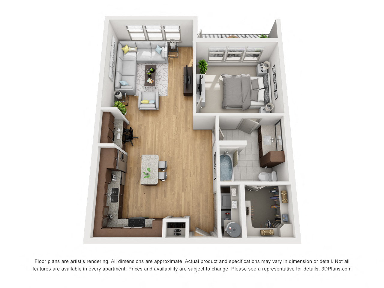 Floor plan for 1 bed, 1 bath, 839 sqft