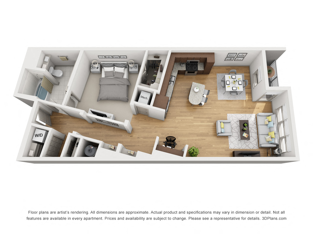 Floor plan for 1 bed, 1 bath, 989 sqft
