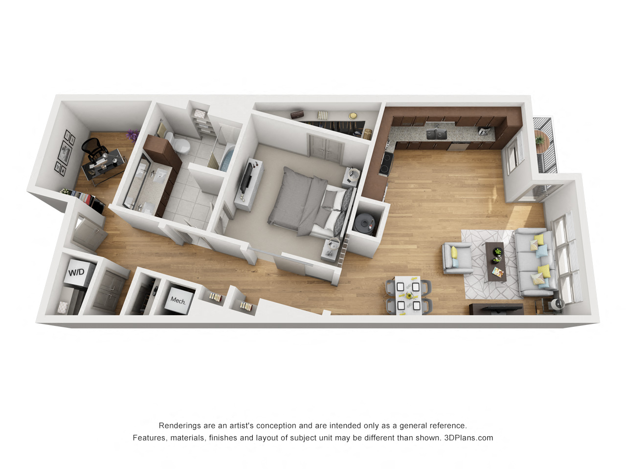 Floor plan for 1 bed, 1 bath, 989 sqft