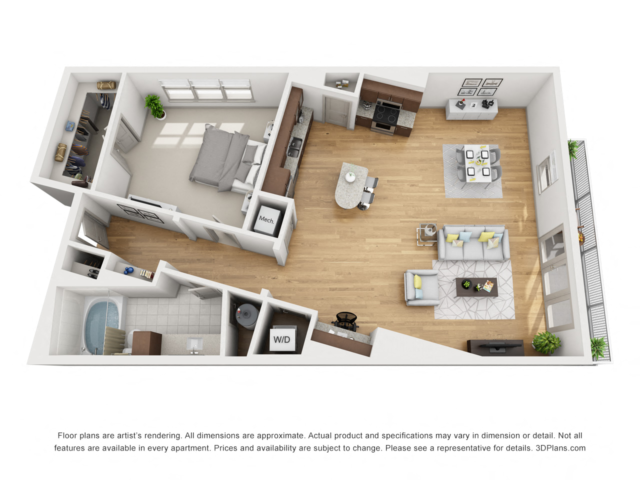 Floor plan for 1 bed, 1 bath, 1102 sqft