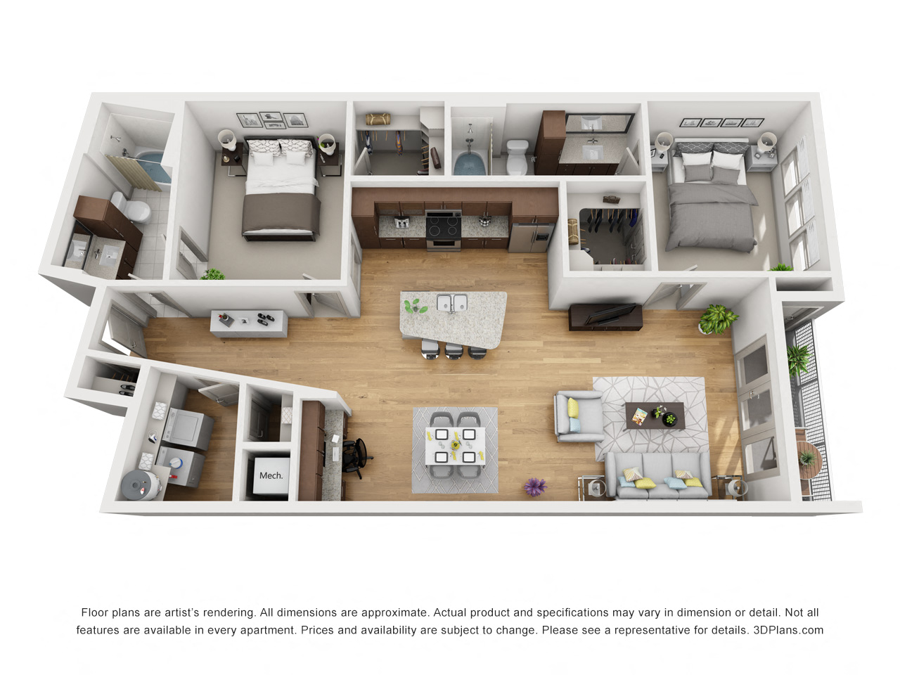 Floor plan for 2 beds, 2 baths, 1236 sqft