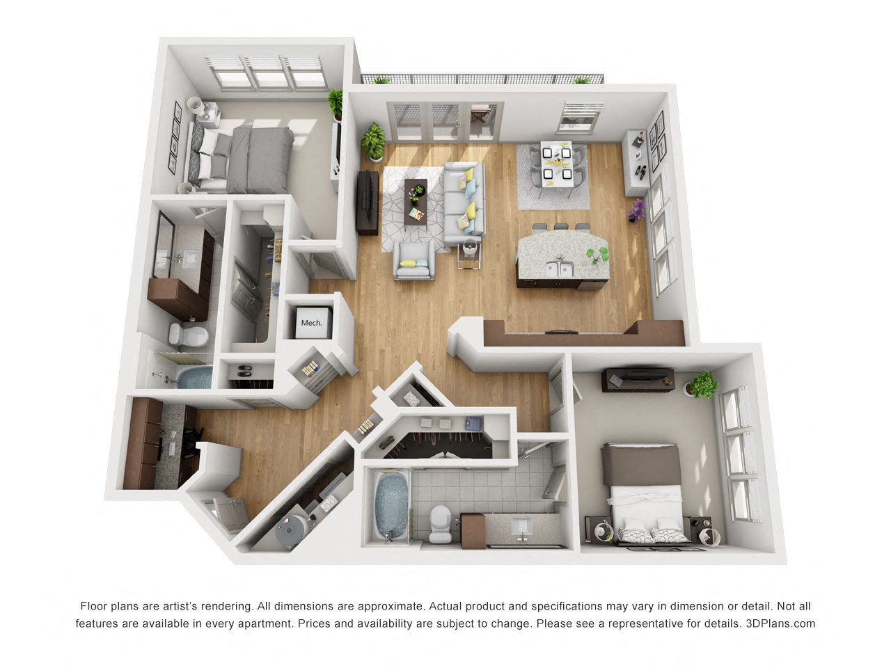 Floor plan for 2 beds, 2 baths, 1328 sqft