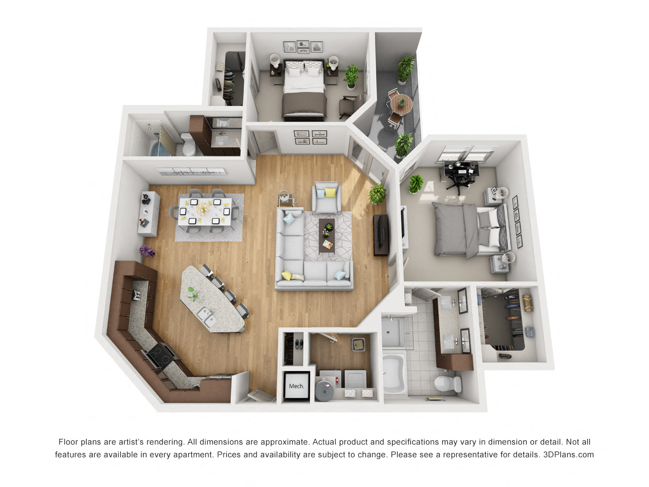 Floor plan for 2 beds, 2 baths, 1370 sqft