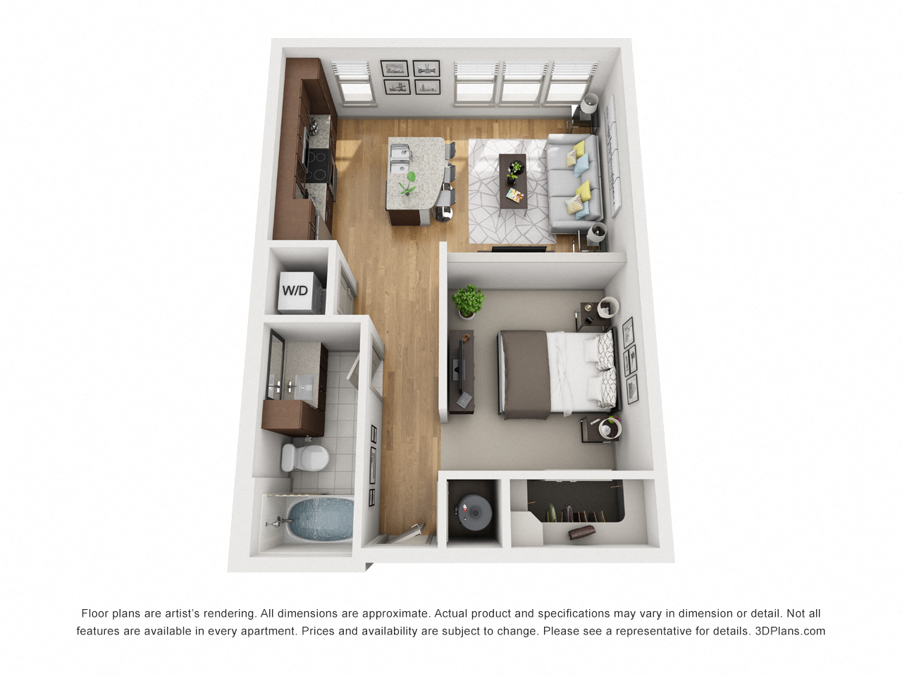 Floor plan for studio, 1 bath, 612 sqft