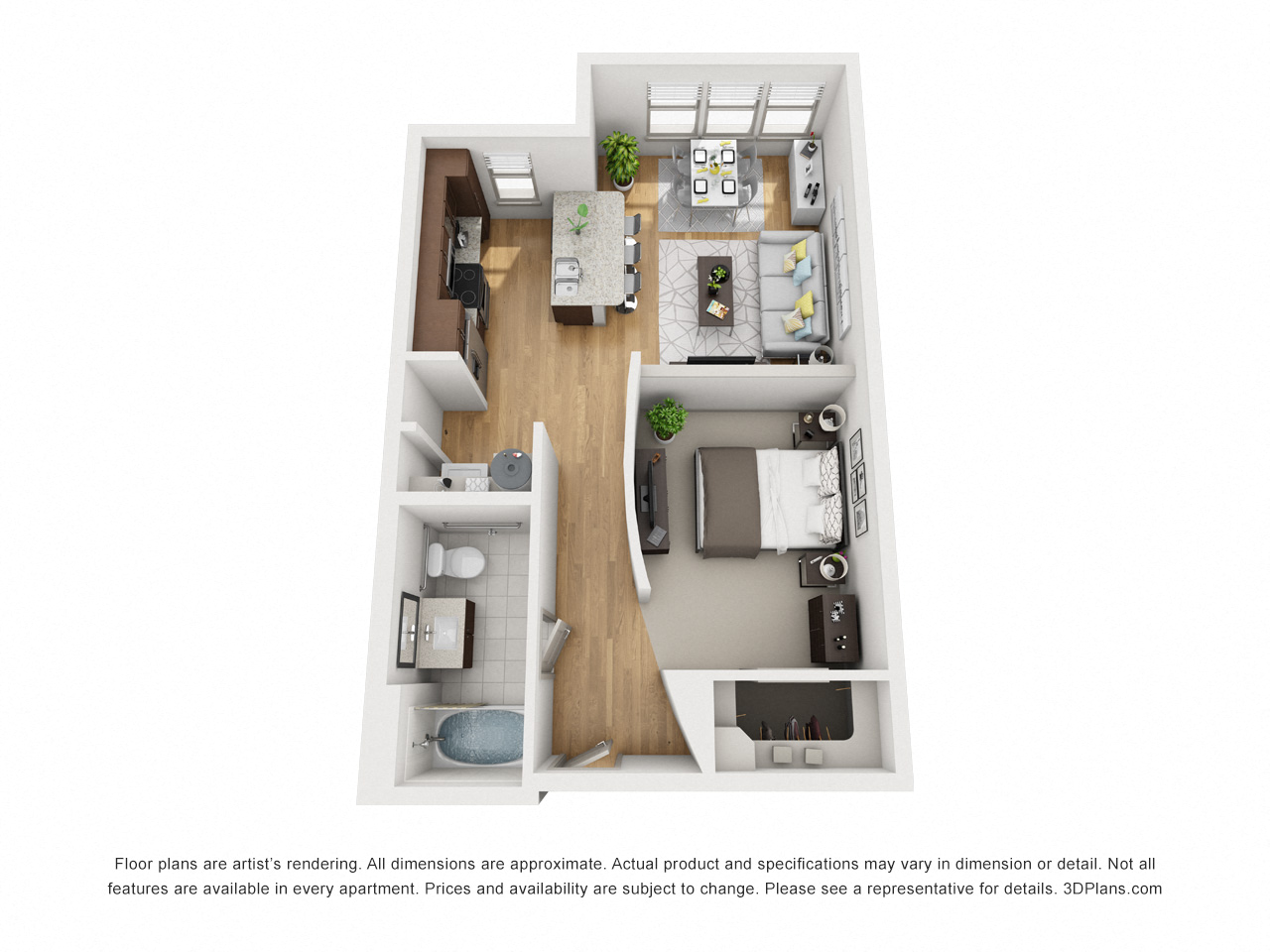 Floor plan for studio, 1 bath, 664 sqft