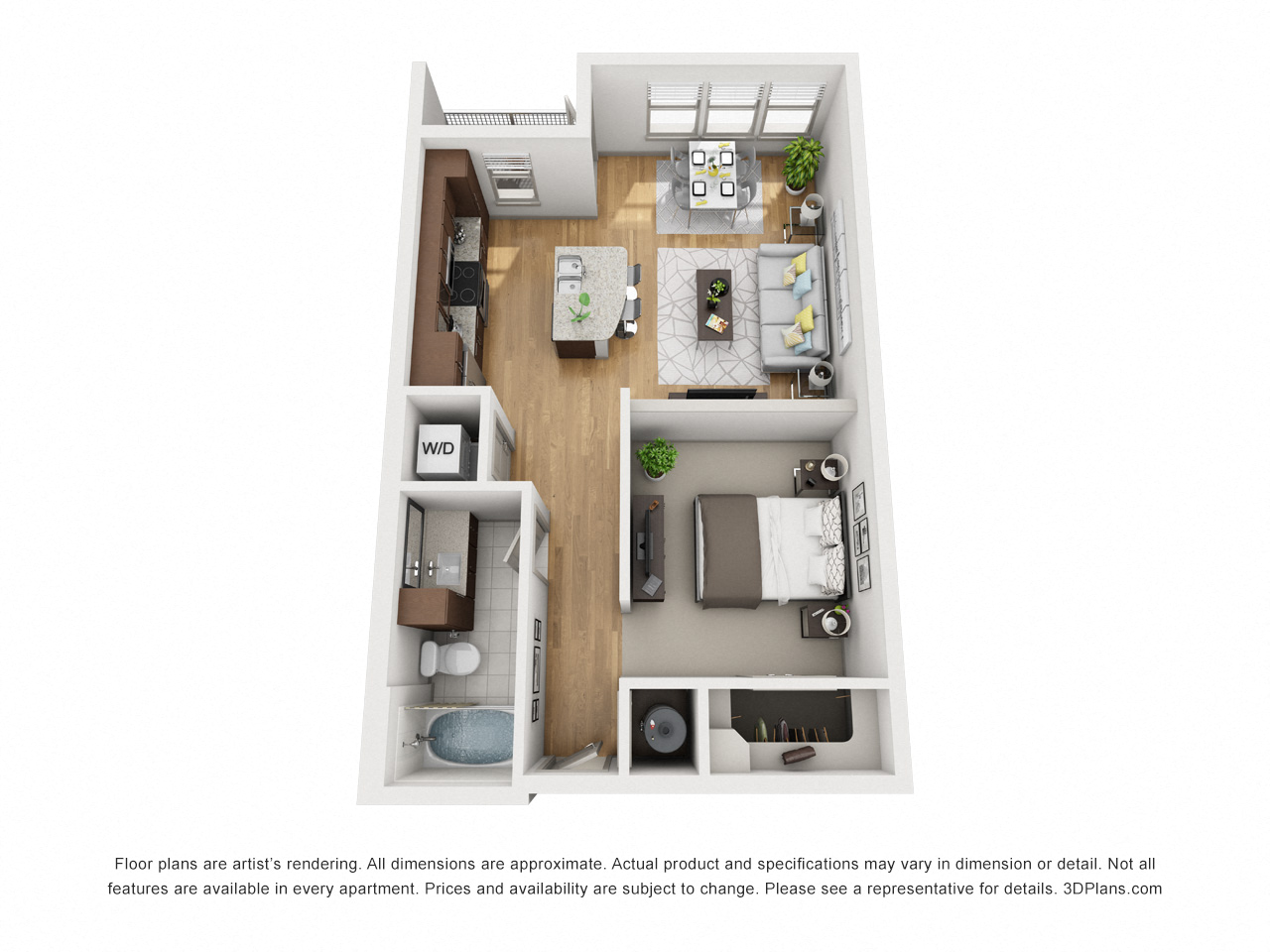 Floor plan for studio, 1 bath, 664 sqft