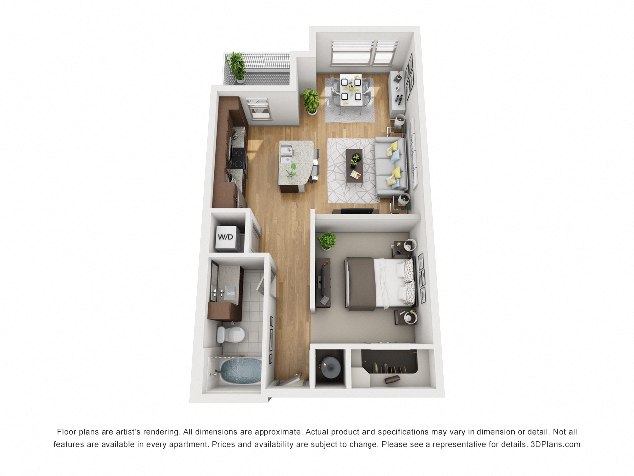 Floor plan for studio, 1 bath, 697 sqft