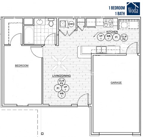 Floor plan for 1 bed, 1 bath, 1025 sqft