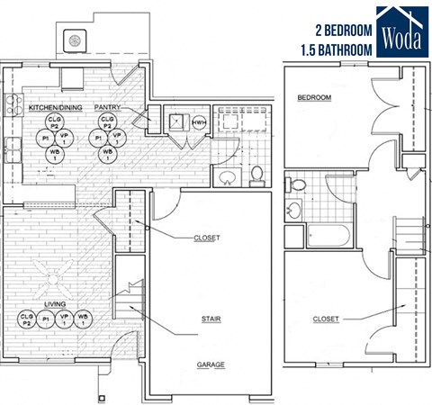 Floor plan for 2 beds, 1.5 baths, 1249 sqft