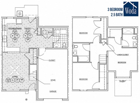 Floor plan for 3 beds, 2.5 baths, 1774 sqft