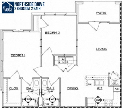 Floor plan for 2 beds, 2 baths, 898 sqft
