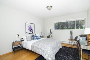 San Francisco apartment for rent - a bedroom with a bed and a black rug