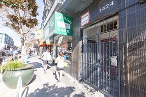 San Francisco apartment for rent - A street view with people walking and a closed cafe.