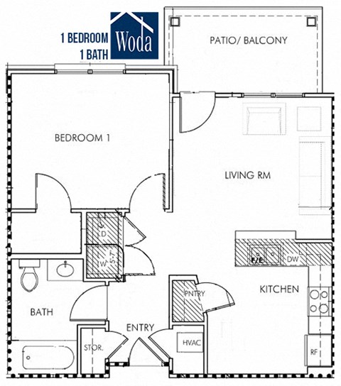 Floor plan for 1 bed, 1 bath, 650 sqft