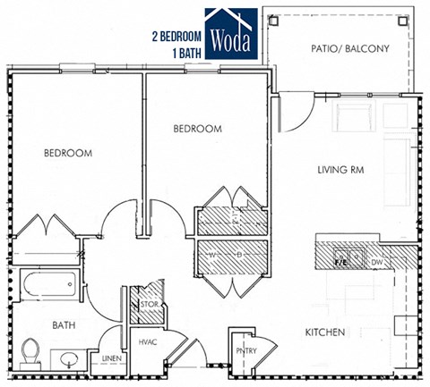 Floor plan for 2 beds, 1 bath, 800 sqft