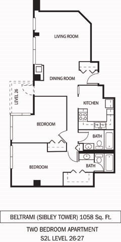 Floor plan for 2 beds, 2 baths, 1058 sqft