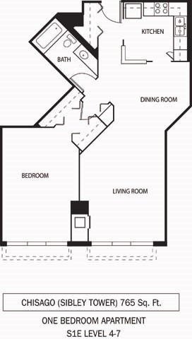 Floor plan for 1 bed, 1 bath, 765 sqft