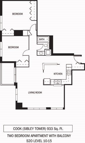 Floor plan for 1 bed, 1 bath, 933 sqft