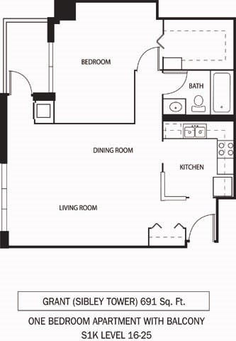 Floor plan for 1 bed, 1 bath, 691 sqft