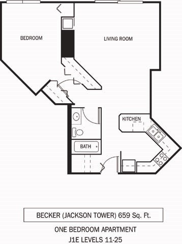 Floor plan for 1 bed, 1 bath, 659 sqft