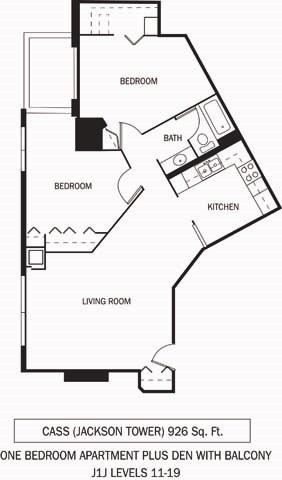 Floor plan for 1 bed, 1 bath, 926 sqft