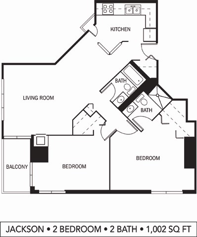 Floor plan for 2 beds, 2 baths, 1002 sqft