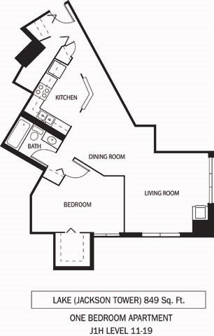 Floor plan for 1 bed, 1 bath, 849 sqft