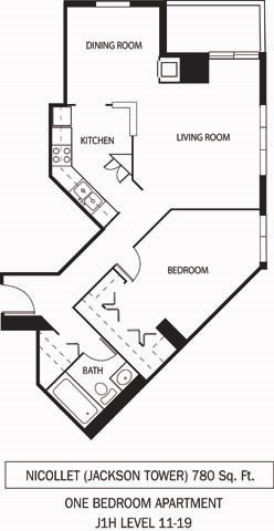 Floor plan for 1 bed, 1 bath, 780 sqft