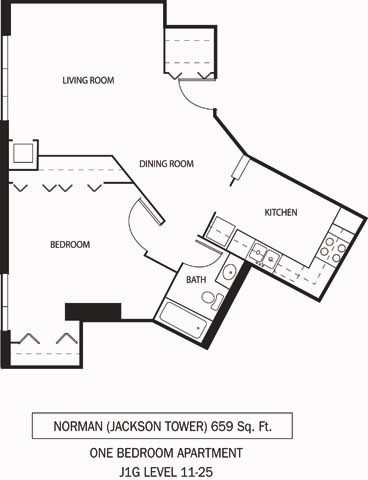 Floor plan for 1 bed, 1 bath, 659 sqft