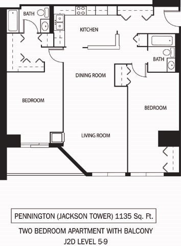 Floor plan for 2 beds, 2 baths, 1135 sqft