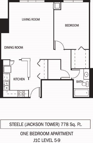 Floor plan for 1 bed, 1 bath, 778 sqft