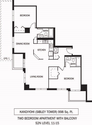 Floor plan for 2 beds, 2 baths, 993 sqft