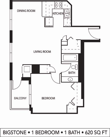 Floor plan for 1 bed, 1 bath, 620 sqft