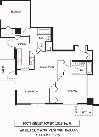 Floor plan for 2 beds, 2 baths, 1016 sqft