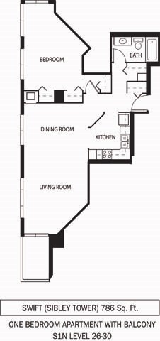 Floor plan for 1 bed, 1 bath, 786 sqft