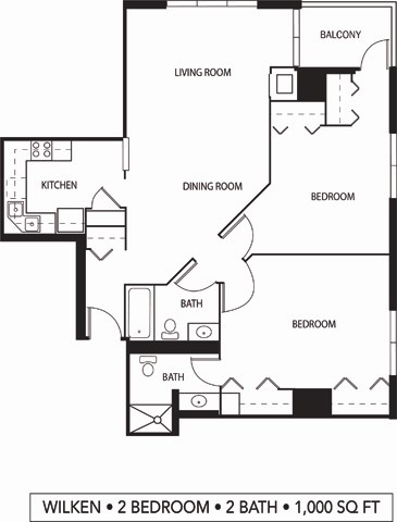 Floor plan for 2 beds, 2 baths, 1000 sqft