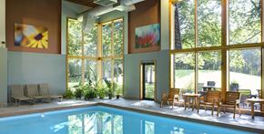 Robbinsdale triplex for rent - A large indoor swimming pool with a sunny view outside.